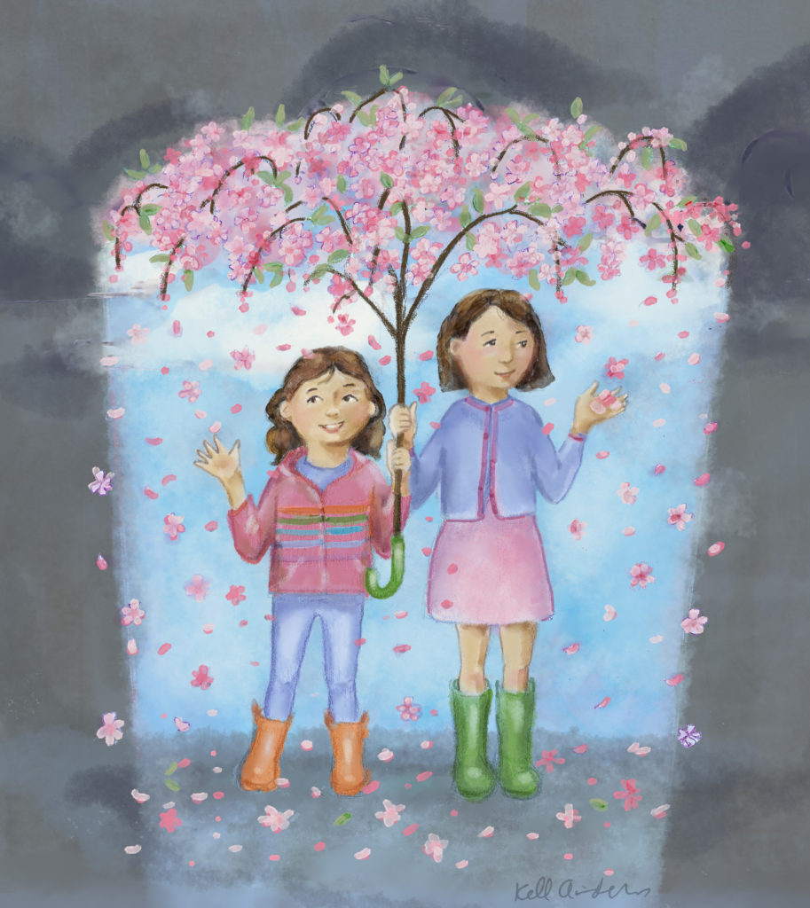 Sisters holding a cherry tree umbrella